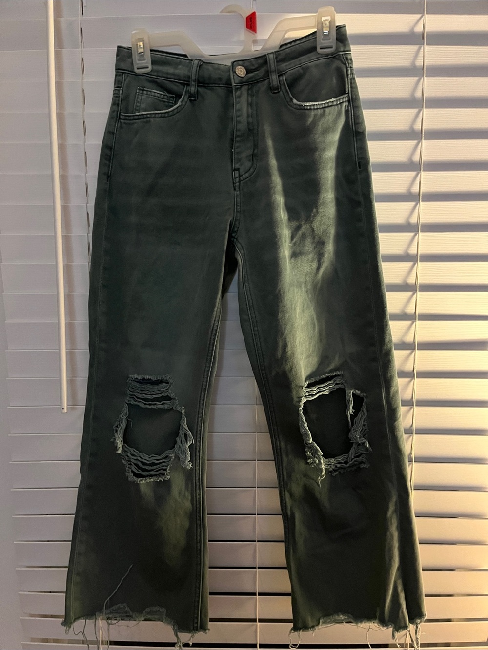 Womens Distressed High-Rise Wide Leg Jeans - Green